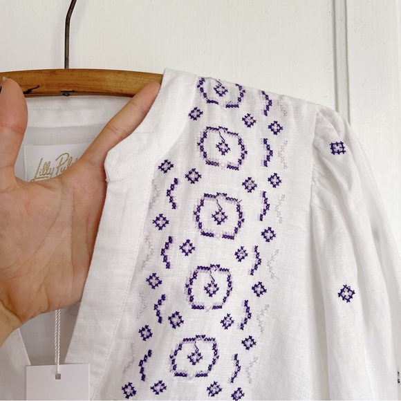 Lilly Pulitzer • Mialeigh Linen Dress in Water Hyacinth white folk embroidery - Picture 9 of 15